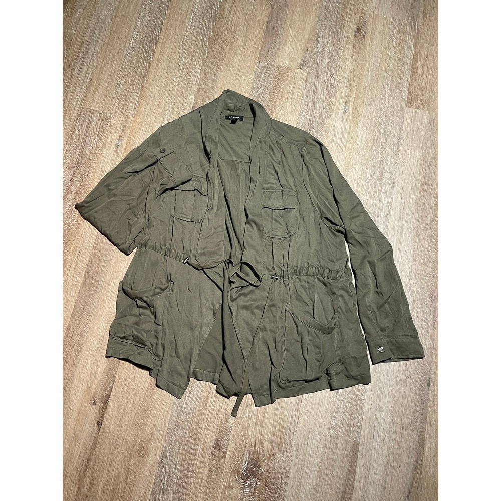 Torrid Olive Green Twill Utility Jacket Plus Size 2 Drawstring Waist Pockets EUC